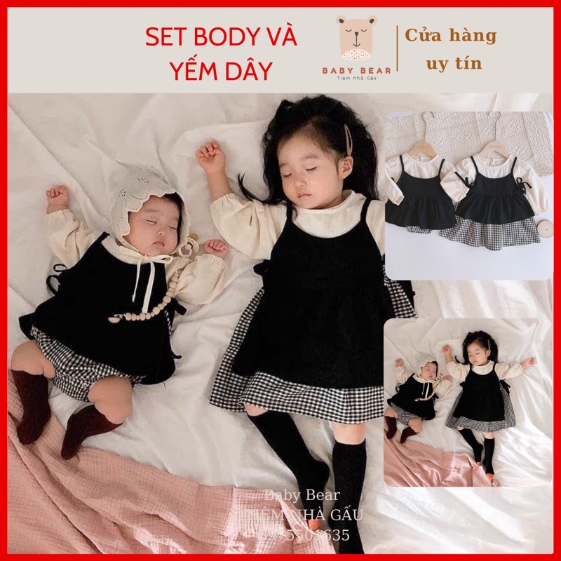 Set Body Họa Tiết Caro + Yếm dây Thời Trang Cho Bé Sơ sinh, Đầy tháng, Thôi nôi