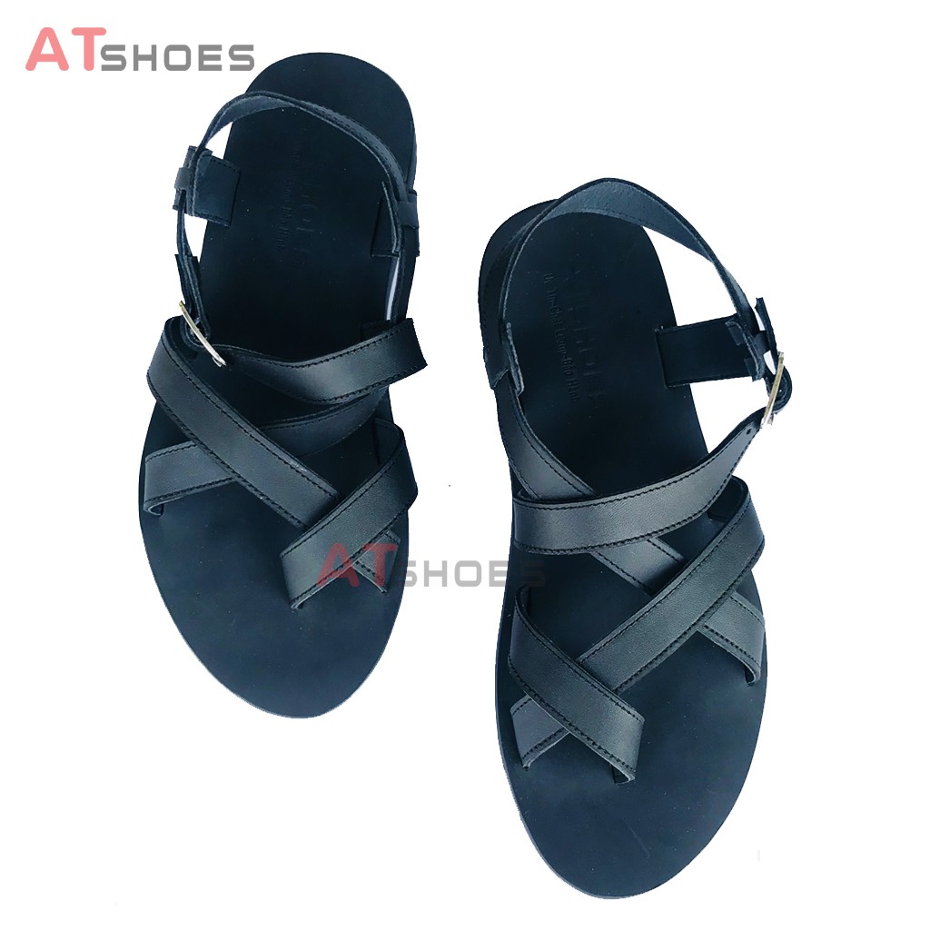 Dép Sandal Unisex cao cấp Da Bò Thật Sandal xỏ ngón nam nữ chuẩn kiểu Hàn Quốc Trẻ Trung Atshoes AT40(Đen)