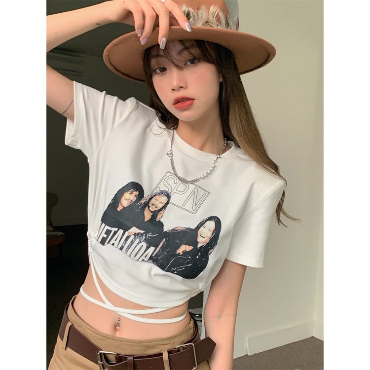 Cocory vn Áo Thun Crop Top Tay Ngắn Cột Dây Thời Trang Mùa Hè Phong Cách Hàn Quốc Cho Nữ