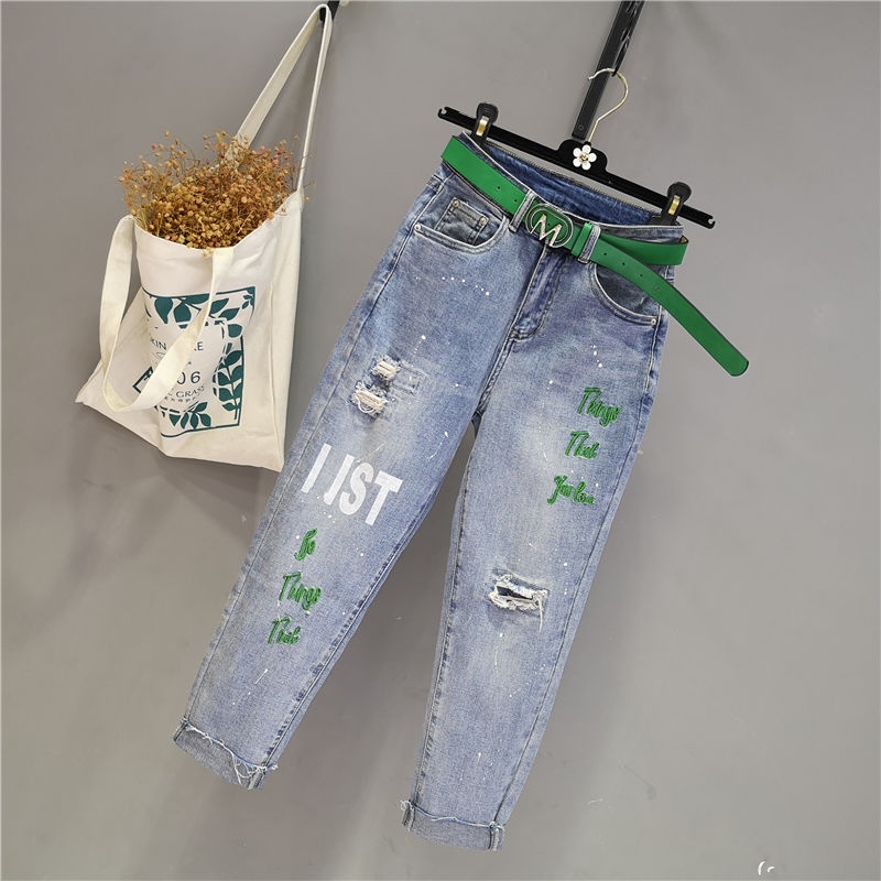 Quần Denim Dài Đến Mắt Cá Chân Dáng Rộng Thêu Họa Tiết Sơn Xịt Co Giãn