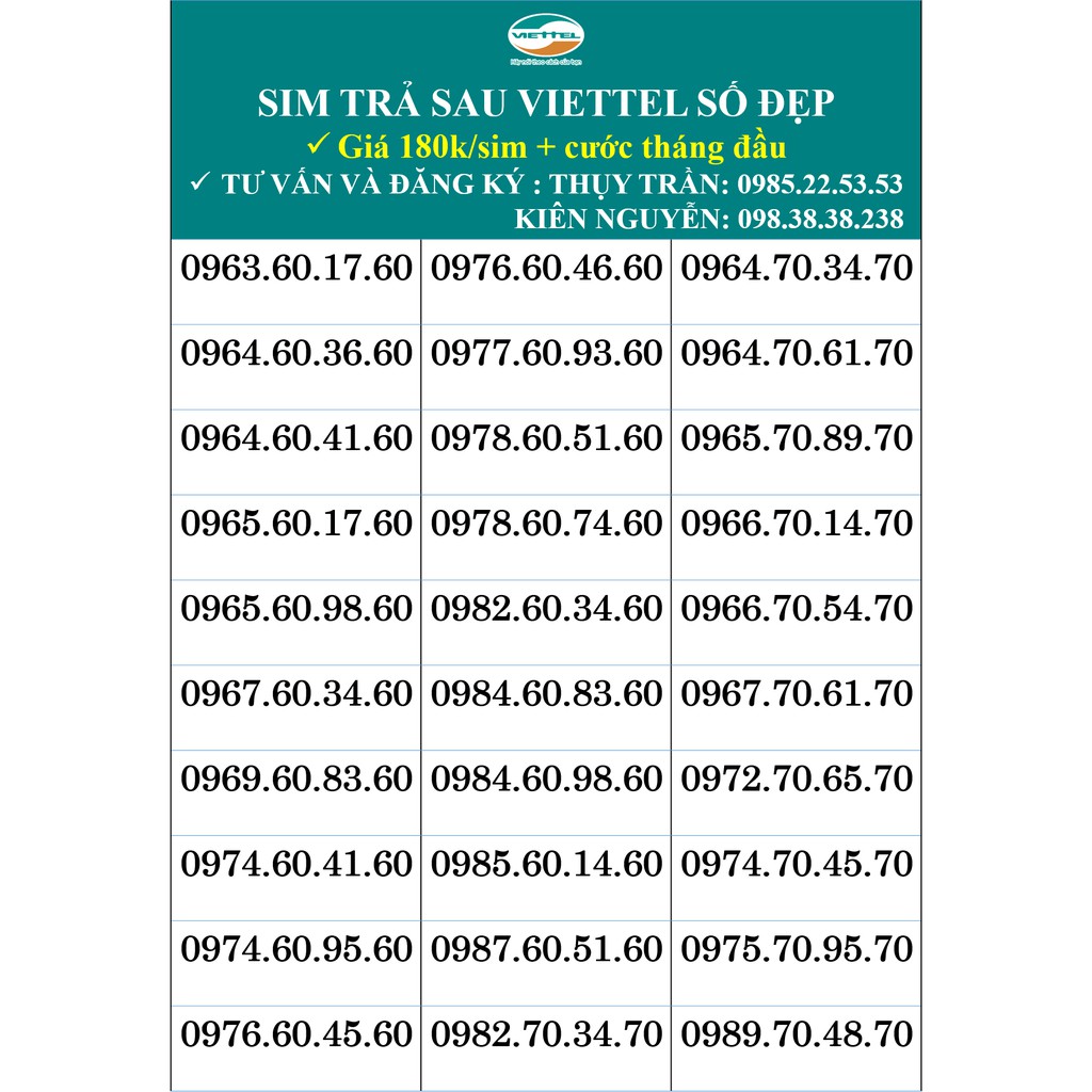 👉SIM TRẢ SAU VIETTEL SỐ ĐẸP  giá 160k +cước tháng đầu