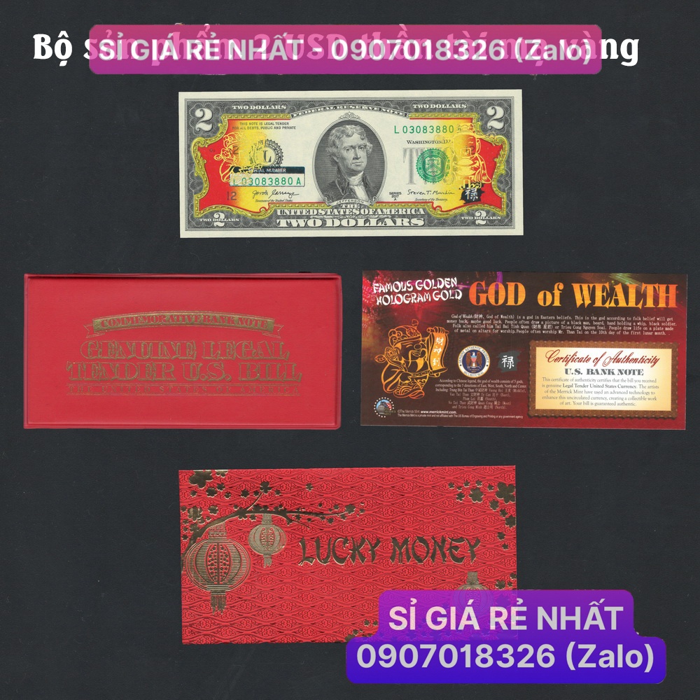 [10 Set] Bộ Quà Tết tờ 2 USD in Thần Tài Vàng tài lộc, quà tặng ý nghĩa - kèm bao da đỏ