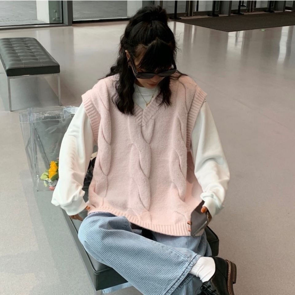 Áo Dệt Kim Không Tay Dáng Rộng Cổ Chữ V Phong Cách Vintage Thời Trang Dành Cho Nữ