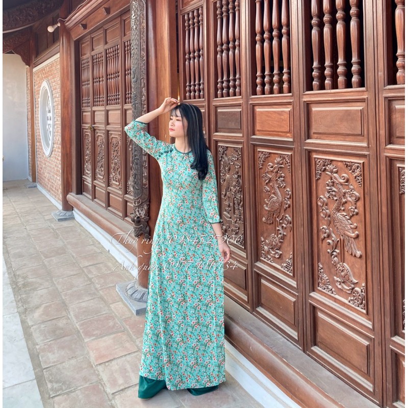 Áo dài may sẵn - lụa hàn châu bọc cúc nhiệt HC10