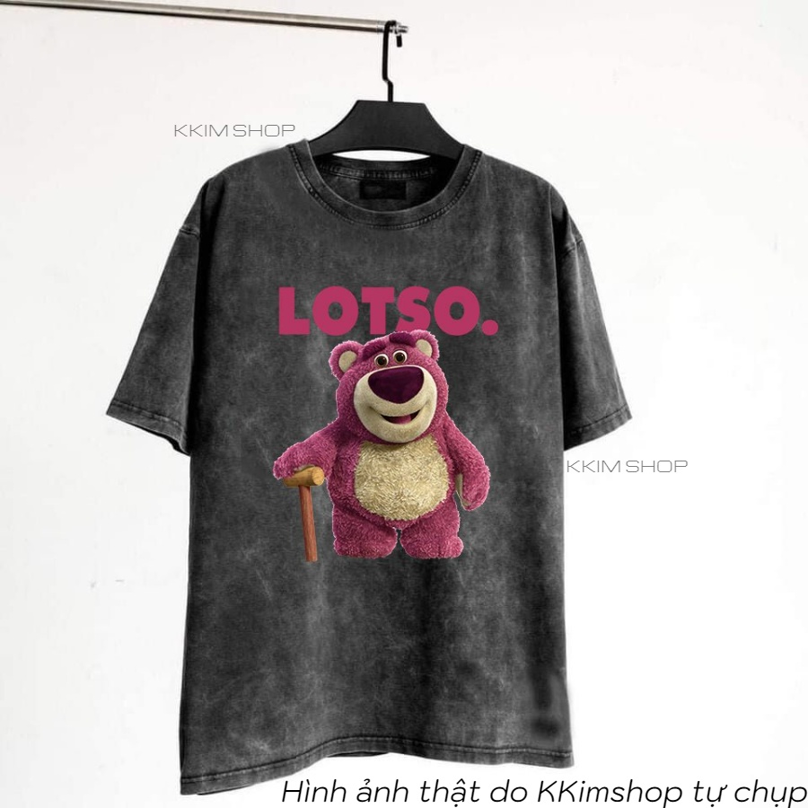 Áo Thun Tay Lỡ GẤU LOTSO Wash Xám Cao Cấp, áo phông unisex FREE SIZE Form rộng oversize, chất liệu Cotton - KKIMShop