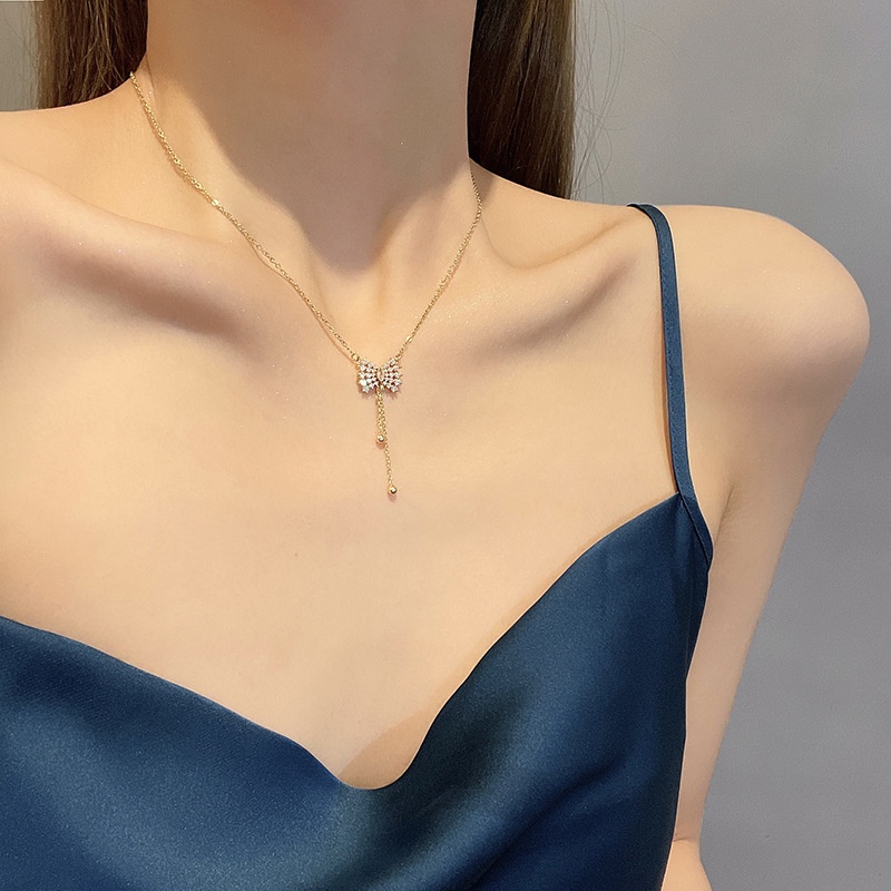 Vòng Cổ Nơ Bằng Thép Titan Đính Đá Zircon Kiểu Hàn Quốc Cá Tính Lãng Mạn Cho Nữ