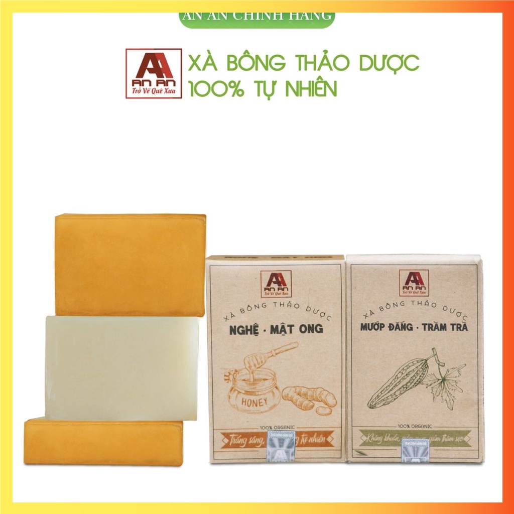 Xà Phòng, Xà Bông sạch An An, Hữu cơ 100%, Nghệ - Mật Ong, Mướp Đắng - Tràm Trà, không hóa chất an toàn tuyệt đối