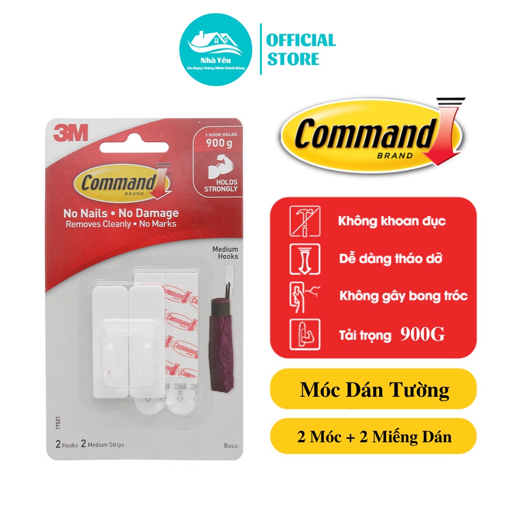Móc Treo,Dán Tường Đa Năng 3M Command Siêu Dính 900G Vỉ 2 Chiếc ,Móc Treo Quần Áo,Chìa Khóa,Trang Trí,Túi Sách