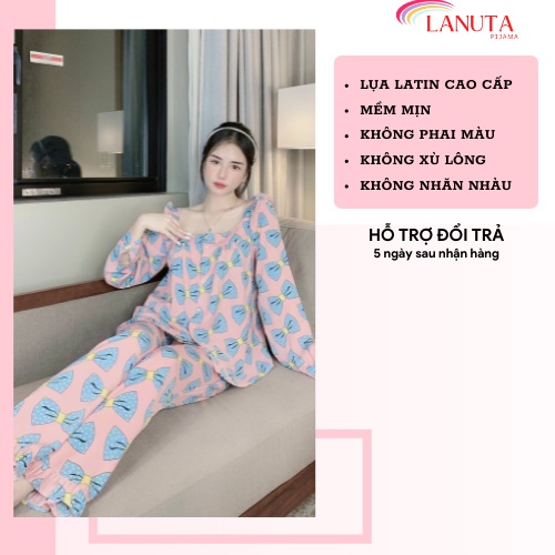 Bộ Đồ Nữ Pijama Lụa Ngủ Mặc Nhà Tiểu Thư Dễ Thương Tay Dài Quần Dài LANUTA CV