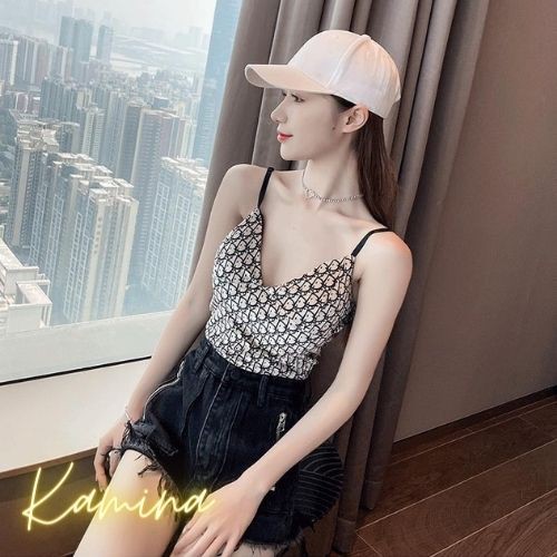 Áo hai dây sexy KAMINA - Áo croptop 2 dây phong cách thời thượng cổ V họa tiết 2021 AD10