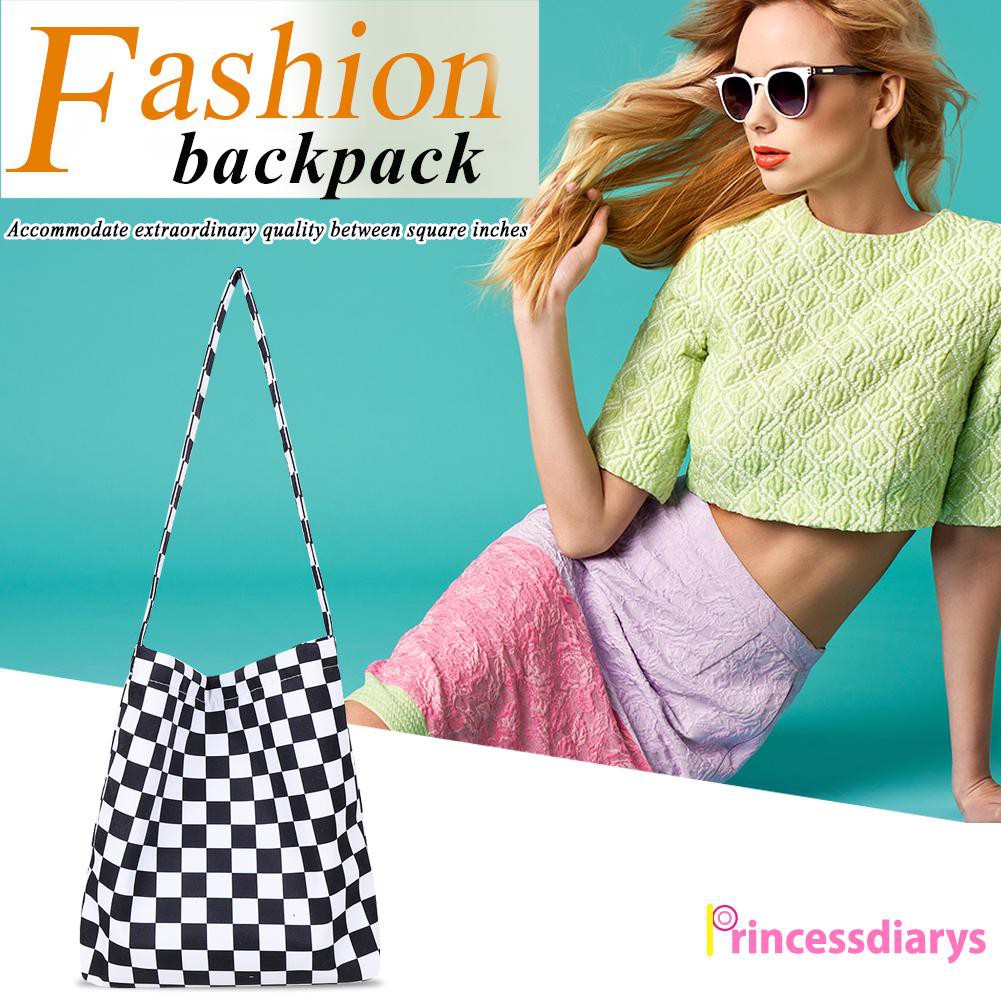 Fashion Women Checkerboard Butterfly Print Canvas Shopping Bag Tote Handbag