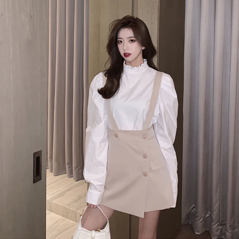 Set Áo Sơ Mi Trắng Và Đầm Yếm Thiết Kế Mới Xinh Xắn Thời Trang Dành Cho Nữ