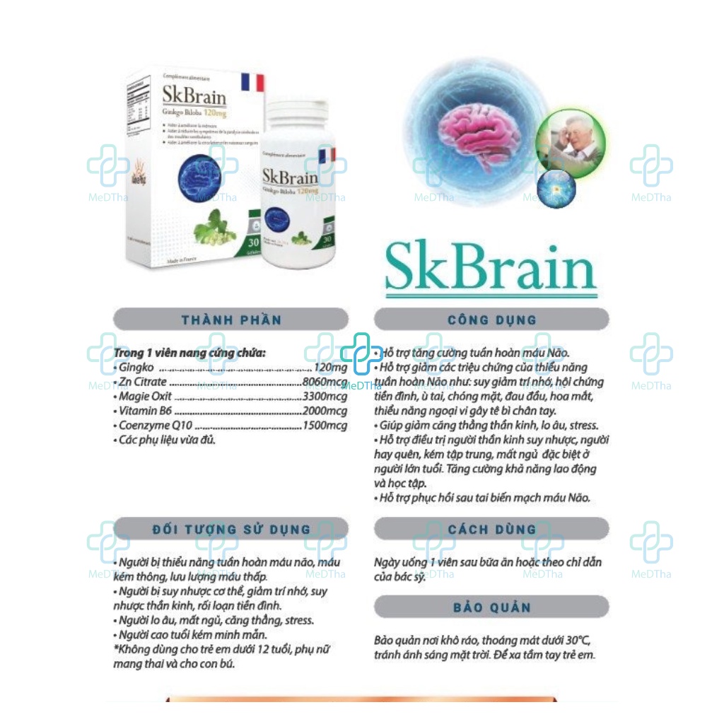 Viên Uống Bổ Não SK Brain - Bổ Não Ginkgo, Coenzyme Q10, Tăng Cường Tuần Hoàn, Giảm Mệt Mỏi (Hộp 30 Viên) [Chính Hãng]