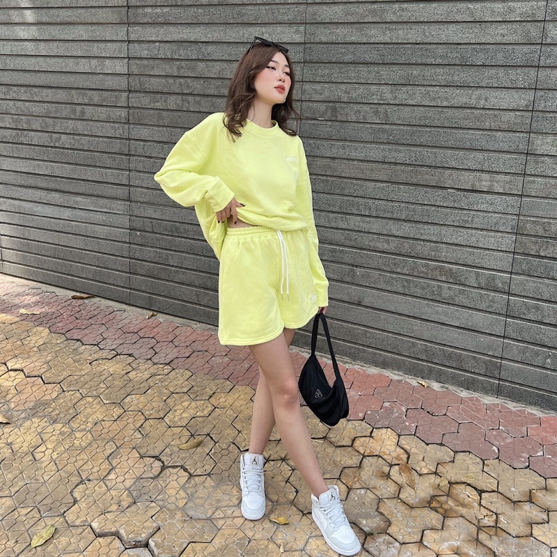 Bộ quần áo nỉ trơn oversized logo TOPTIFY sweater và short form basic Keep Running Set ST12