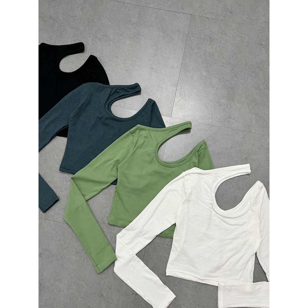 Áo croptop nữ tay dài HHVINTAGE kiểu cắt bên vai thun co giãn Top A36