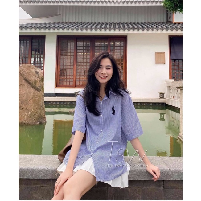 (HK SHOP) Áo sơ mi kẻ sọc xanh ngắn tay chất kate thêu hình ngựa unisex cực hot