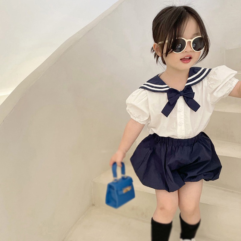 Se7en Bộ Áo Tay Phồng Đính Nơ + Quần Short Thời Trang Mùa Hè Hàn Quốc Cho Bé Gái