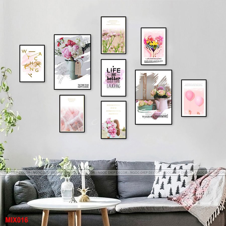 Set 9 Tranh Dán Tường in công nghệ uv trên gỗ nhựa tặng kèm băng dính xốp