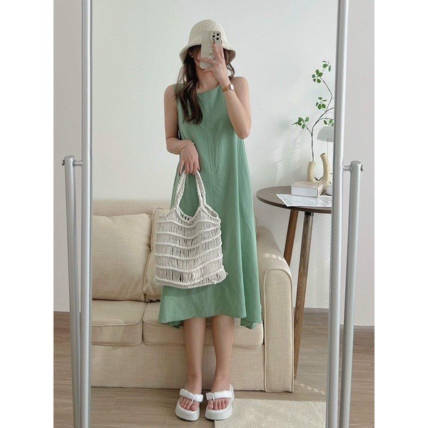 Đầm Sát Nách Đũi Trơn Dáng Dài, Váy suông Ba Lỗ Cổ Tròn