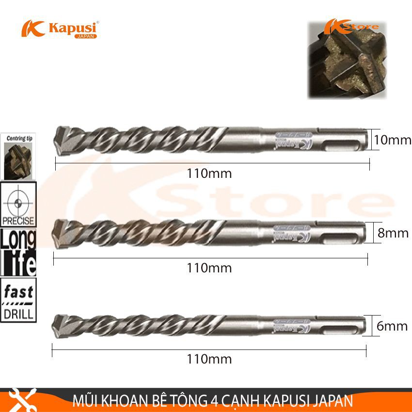 MŨI KHOAN BÊ TÔNG ĐUÔI GÀI 4 CẠNH KAPUSI JAPAN 110MM, MŨI KHOAN ĐA NĂNG TIÊU CHUẨN NHẬT BẢN