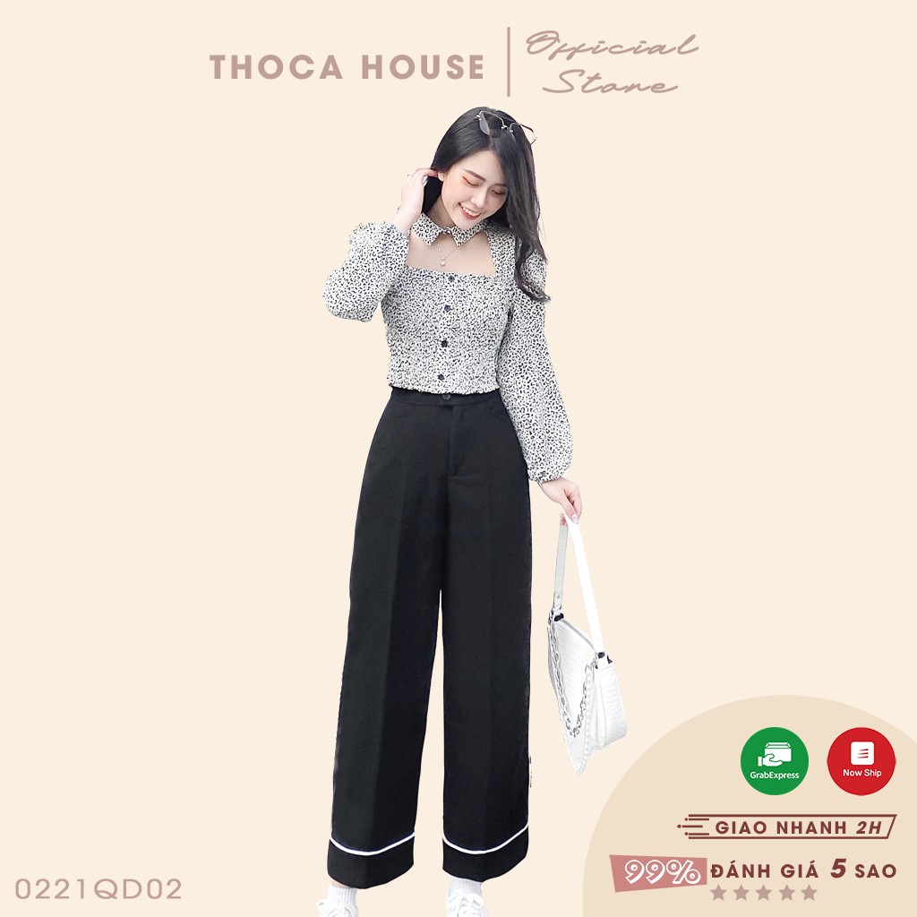 Quần ống rộng viền trắng form dài túi xéo THOCA HOUSE rộng rãi, thoải mái, mặc thoáng mát, vải cao cấp loại tốt