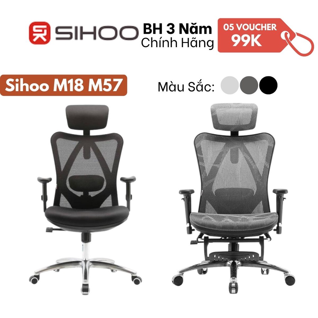 Ghế công thái học Sihoo M18, M57 Đen, Xám có gác chân bảo vệ cột sống