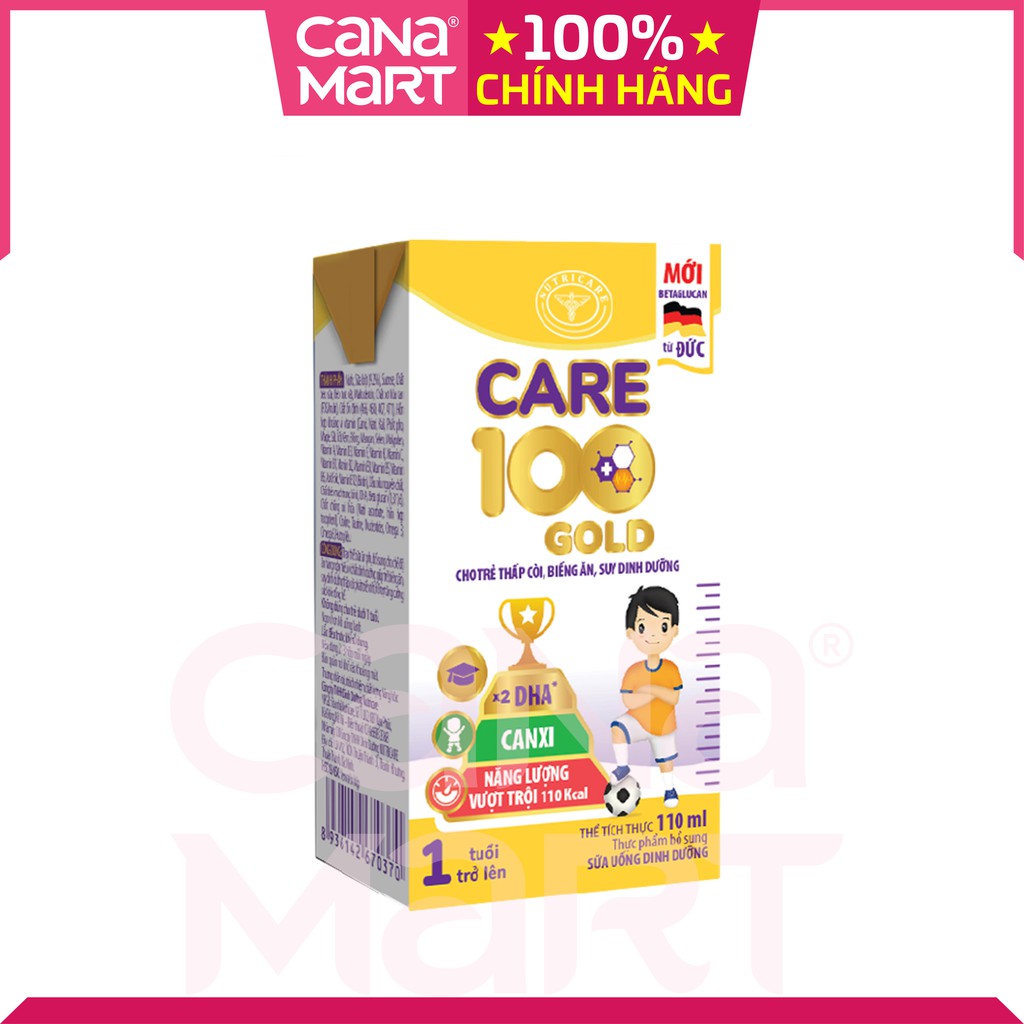 Sữa Nutricare Care 100 Gold cho trẻ thấp còi, biếng ăn, suy dinh dưỡng giúp tăng cân (110ml x 48 hộp)
