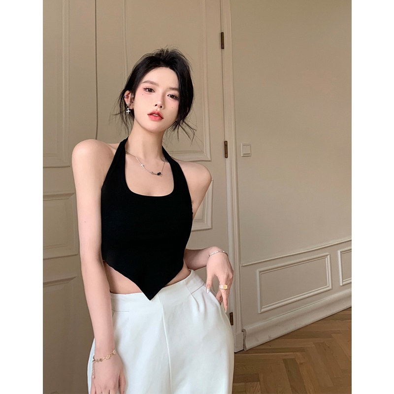 Porozi  Áo croptop cổ yếm  dáng ôm đơn giản phong cách Hàn Quốc thời trang cho nữ