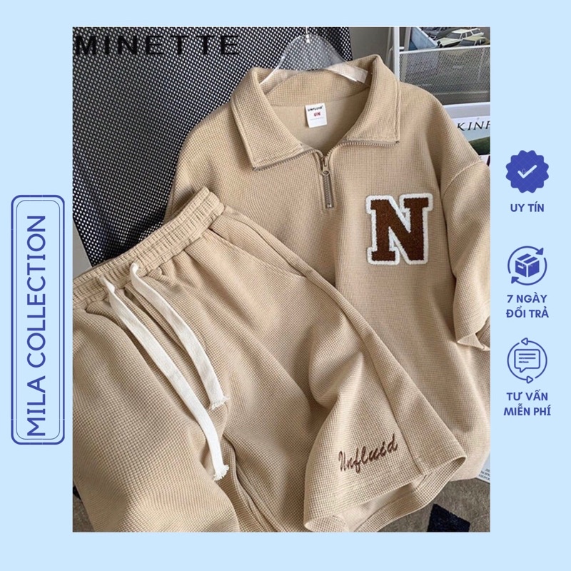 Set đồ Nam Nữ form Rộng unisex, Áo Polo khoá kéo kèm quần đùi thêu chất siêu mát