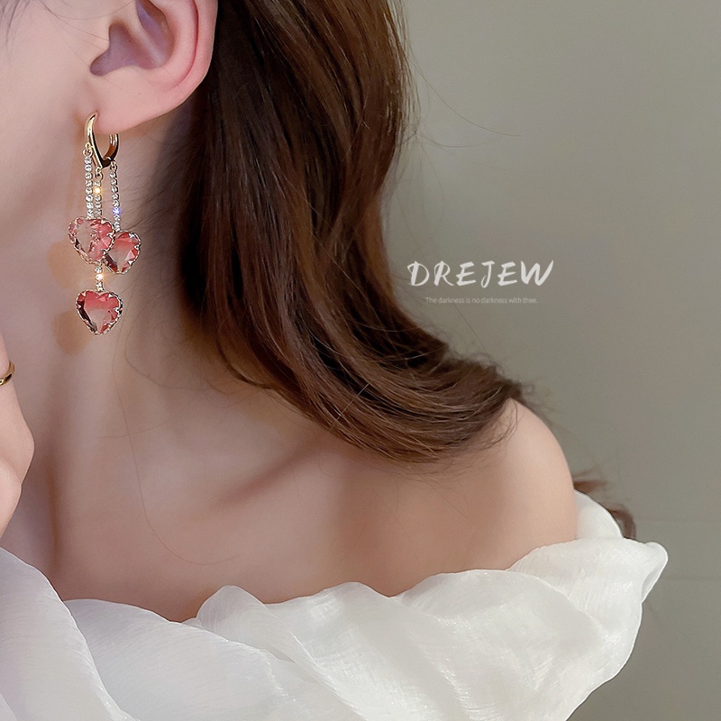 DREJEW Khuyên tai dáng dài mạ vàng đính kim cương giả kiểu trái tim phối tua rua sang trọng thời trang cao cấp cho nữ