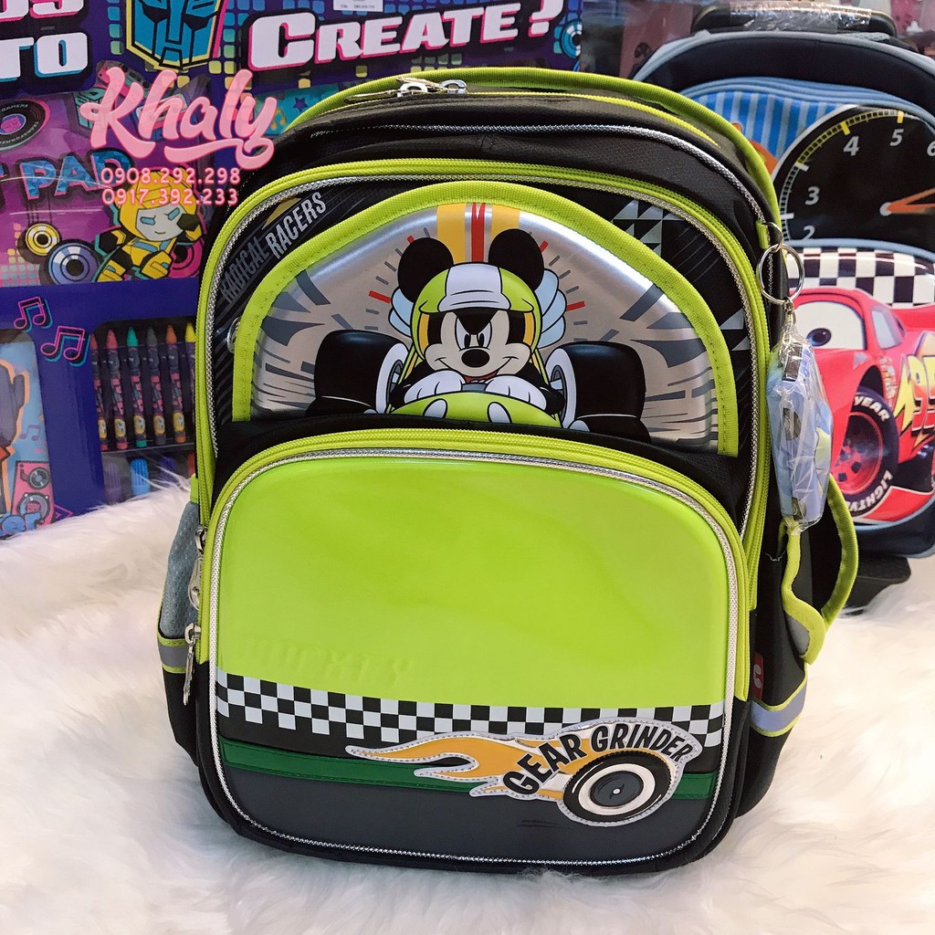 Balo, cặp táp chống gù lưng cao cấp, 4 ngăn hình Mickey Mouse màu đen viền xanh lá dành cho bé trai, học sinh