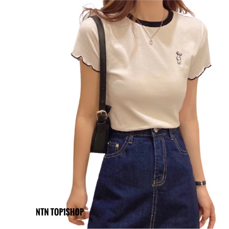 Áo tay ngắn thêu con thỏ phối viền(CH)