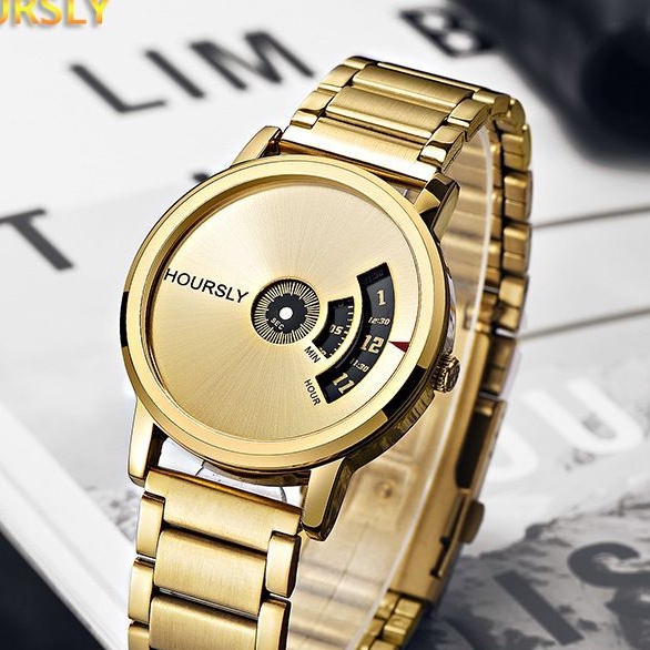 Đồng hồ nam chính hãng thời trang trẻ trung HOURSLY dây thép kim loại màu vàng cao cấp-D14-