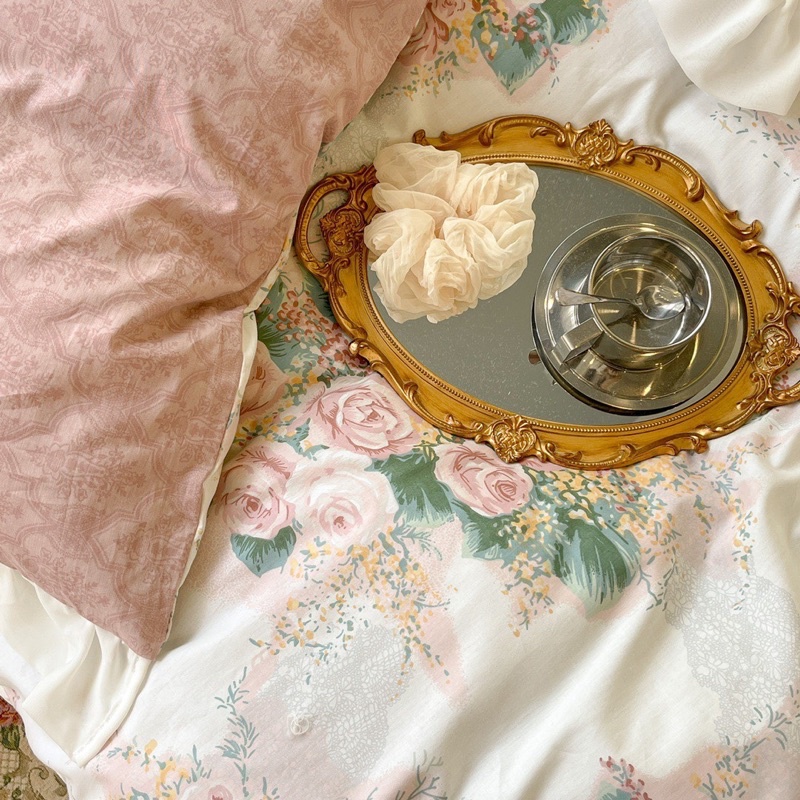 Set 4 món cotton bèo ren hoa hồng pháp