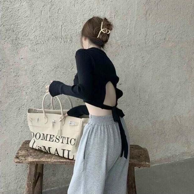 Áo Croptop Dạng Polo Tay Dài Hở Lưng Chất Thun Gân