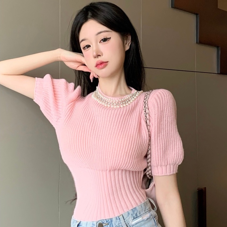 Áo kiểu ZHELIHANGFEI dệt kim tay ngắn đính chuỗi dây ngọc trai nhân tạo xinh xắn dành cho nữ