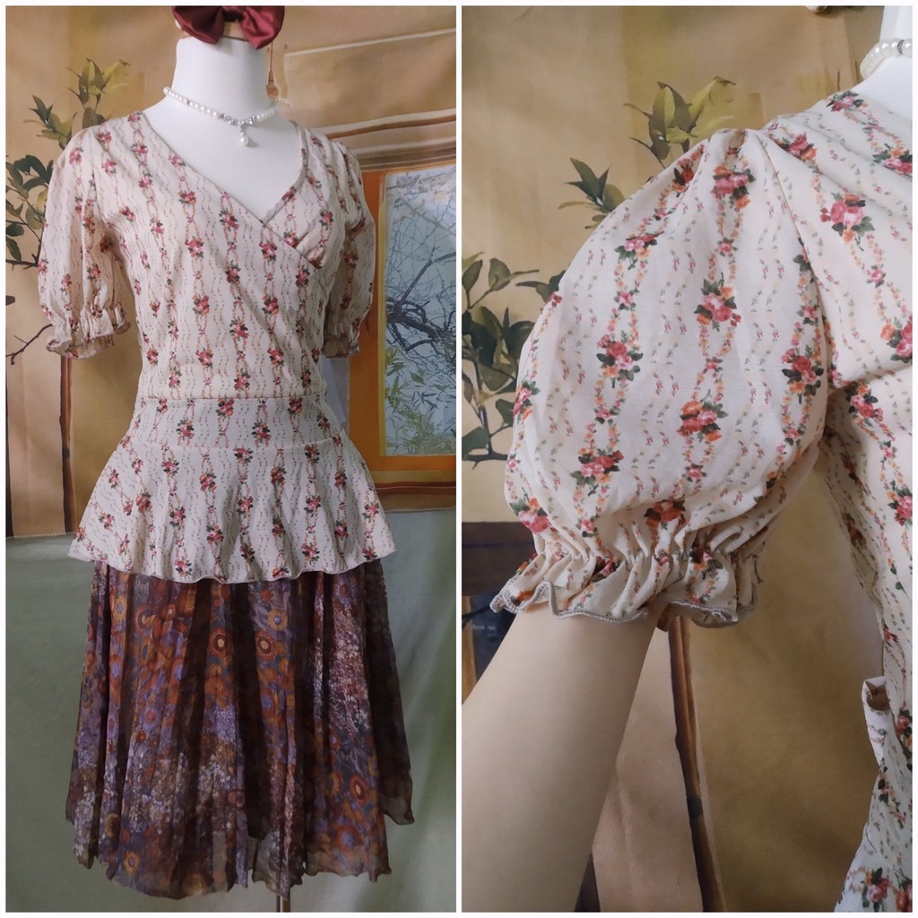|2hand| Set áo peplum hoa nhí buộc nơ + chân váy xếp ly nhật Défache phong cách vintage