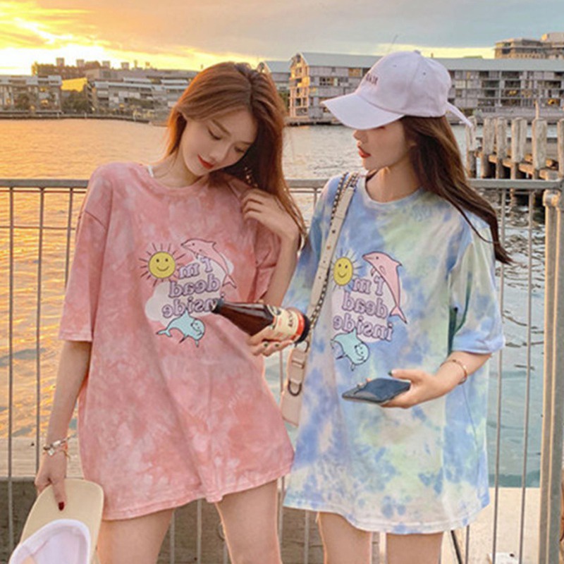 Áo Thun Ngắn Tay Dáng Rộng In Họa Tiết Màu Nhuộm Xinh Xắn Cho Nữ