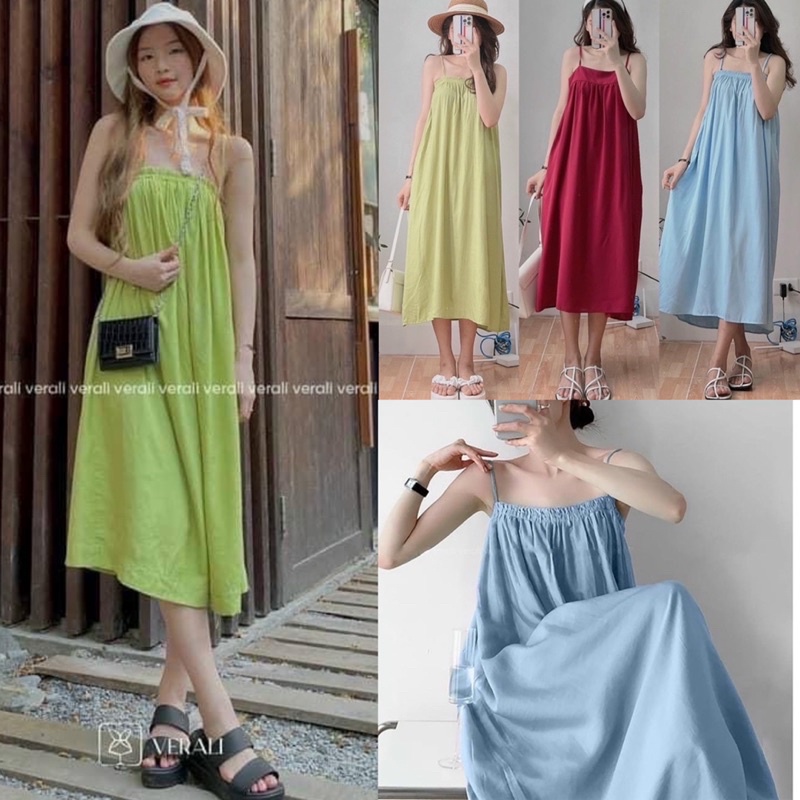 [Ảnh thật/Video] Váy hai dây đũi lụa nhún ngực dáng babydoll nhiều màu phong cách ulzzang