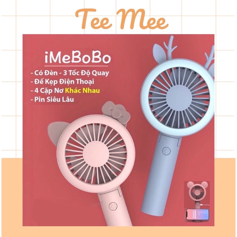 Quạt cầm tay IMEBOBO quạt cầm tay tích điện mini 3 tốc độ tặng kèm 4 cặp nơ trang trí siêu cute _ Tee &amp; Mee