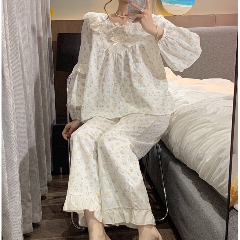 New SET BỘ ĐỒ MẶC NHÀ TIỂU THƯ HOA NHÍ TRẮNG SANG CHẢNH rẻ nhất shopee