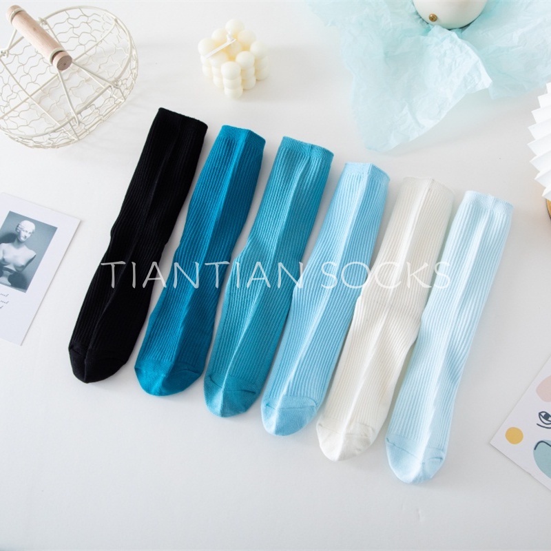 TAIN TIAN T096 Tất nữ cổ cao Sản phẩm cao cấp Vớ trơn sọc dọc dọc màu xanh dương trơn thời trang