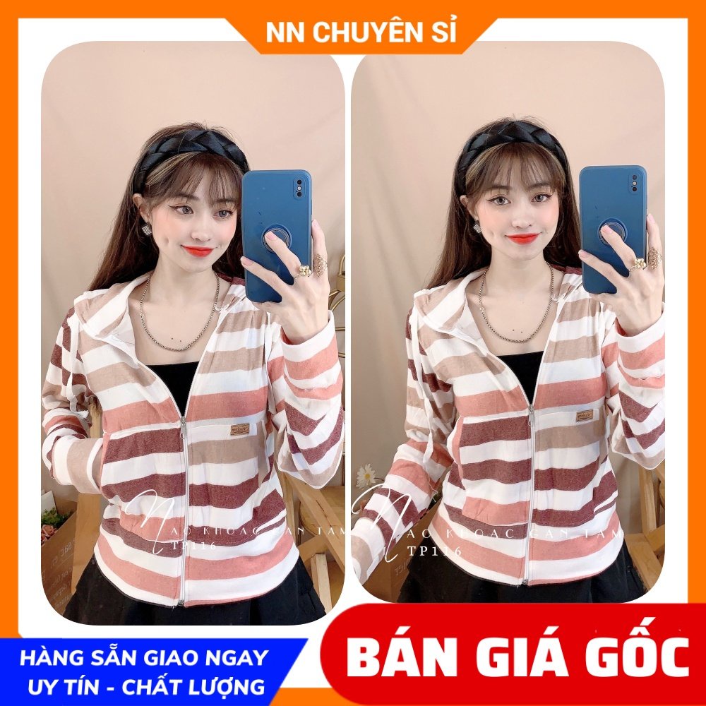 Áo khoác chống nắng nữ có nón chất thun gân tăm mềm co giãn lên phom ôm dáng phối sọc dễ thương TP116