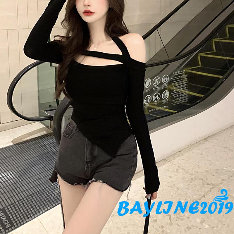 Áo thun tay dài hở vai màu trơn thiết kế độc đáo thời trang quyến rũ cho nữ