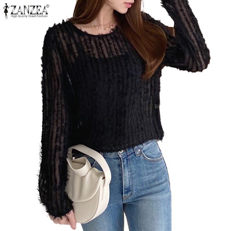 Áo kiểu ZANZEA kết cấu cổ tròn tay dài có khuy gài sau lưng thời trang dành cho bạn nữ