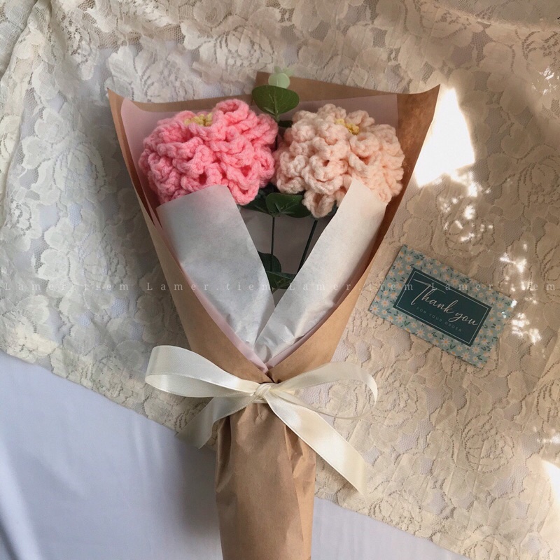 Bó hoa mẫu đơn len handmade/ Hoa mẫu đơn Peony/ hoa trang trí/ quà tặng người yêu