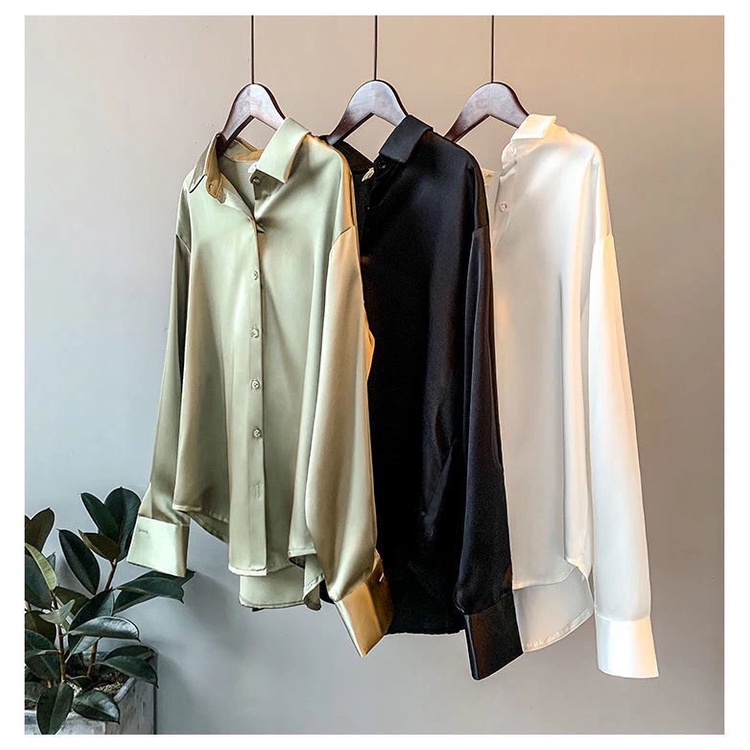 Áo sơ mi nữ áo off white áo sơ mi form rộng áo phông có cổ Áo Sơ Mi Tay Dài Chất Liệu Satin Phong Cách Cổ Điển Thời Trang Mới Cho Nữ
