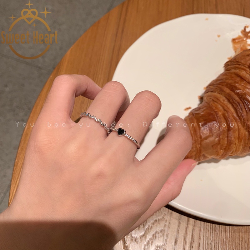 Set 2 nhẫn đeo khớp ngón tay kim loại hình trái tim màu đen thời trang cho nữ