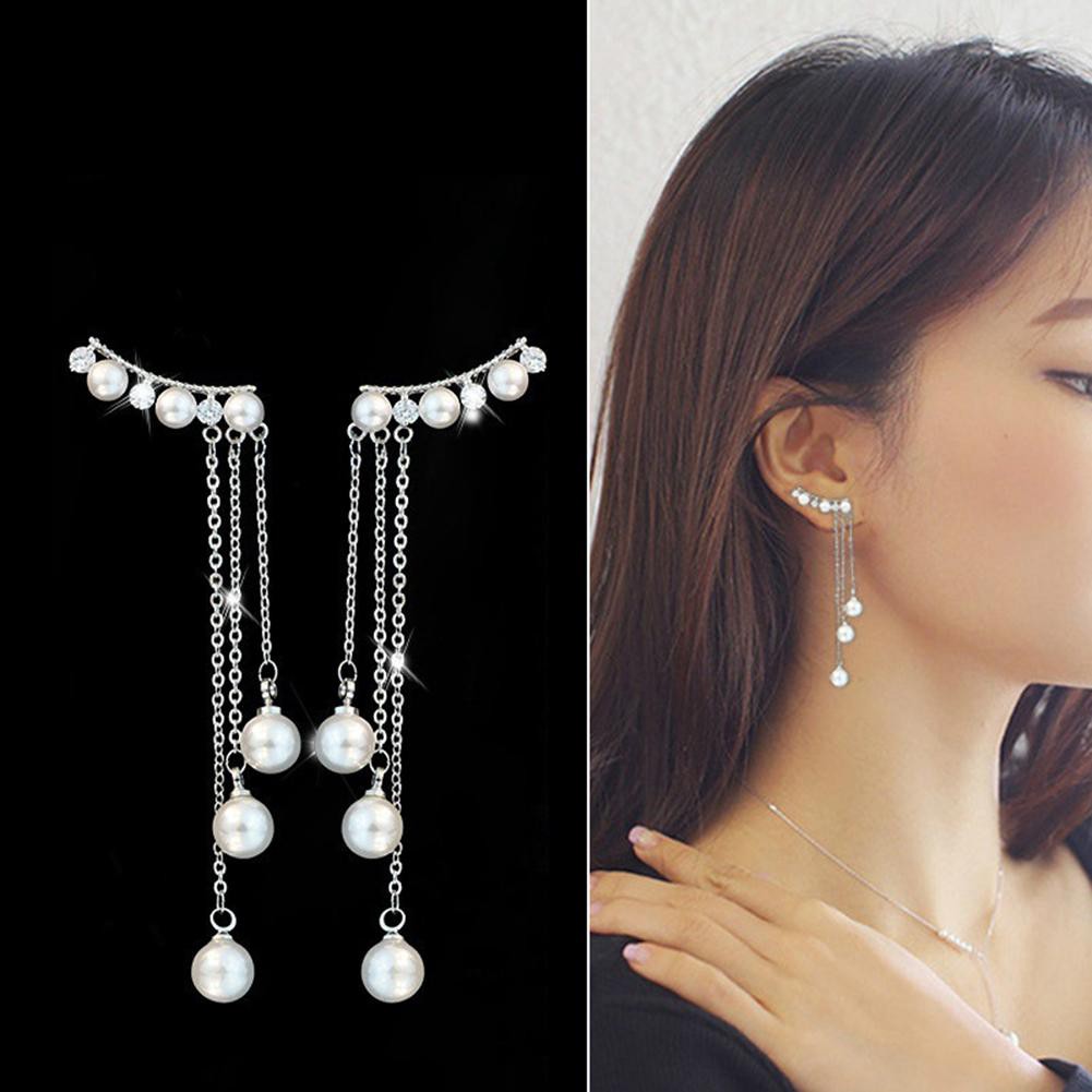 Khuyên tai dáng dài đính đá và ngọc trai nhân tạo thời trang