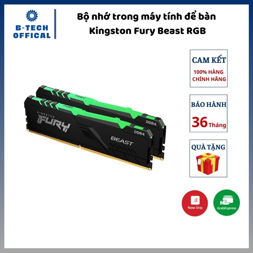 Bộ nhớ trong máy tính để bàn Kingston Fury Beast RGB (KF436C18BBAK2/32) 32GB (2x16GB) DDR4 3600Mhz - Hàng chính hãng